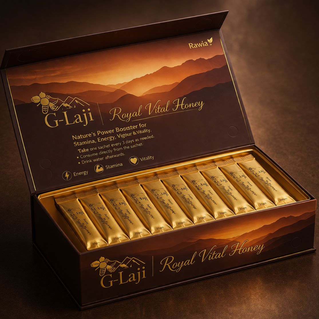 G-LAJI royal honey sachet for men's energy, vitality, stamina and performance available in Libya through BAYADERCARE